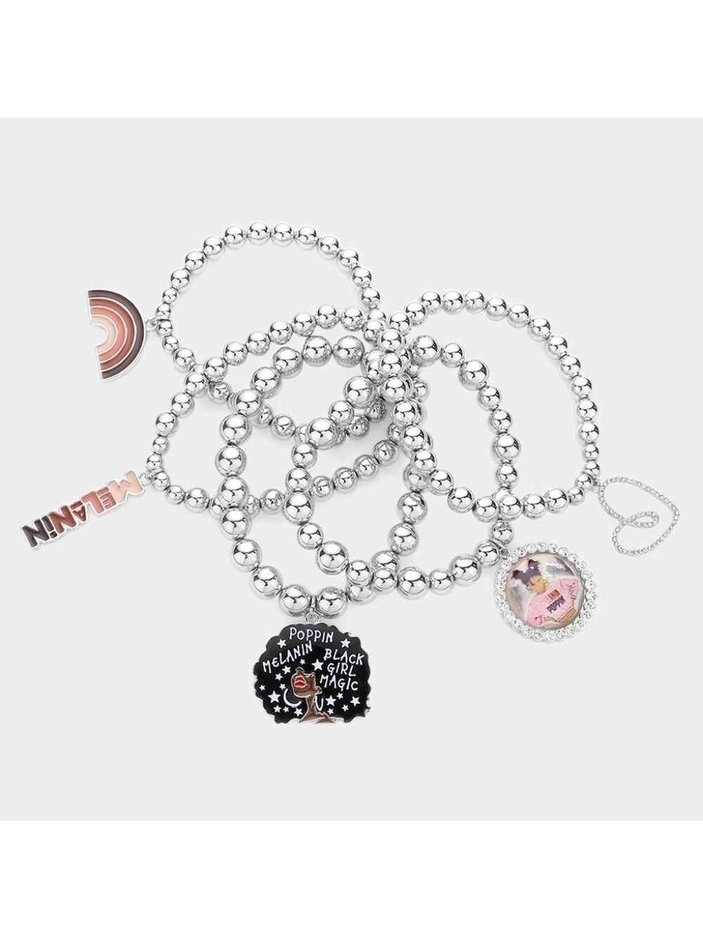 NWT Silver Metal Ball Black Girl Melanin Afro Rainbow Heart Charm Bracelet